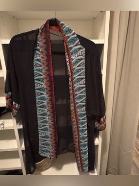 Others Follow Black Sheer Kimono with Turquoise & Red Trim